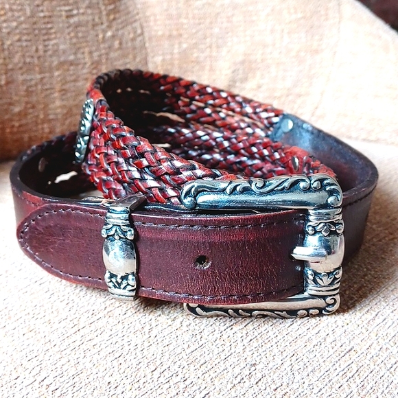 Vintage Brighton Three Strand Brown Braided Leather Belt with Silver Accents EUC - Picture 2 of 8